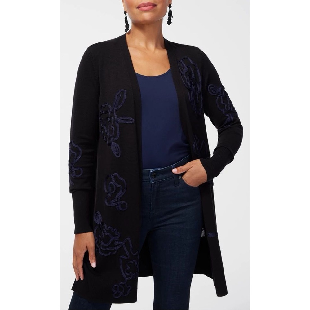 Chico’s Women’s Black Navy Blue Floral Soutache Midi Open Front Cardigan Sweater